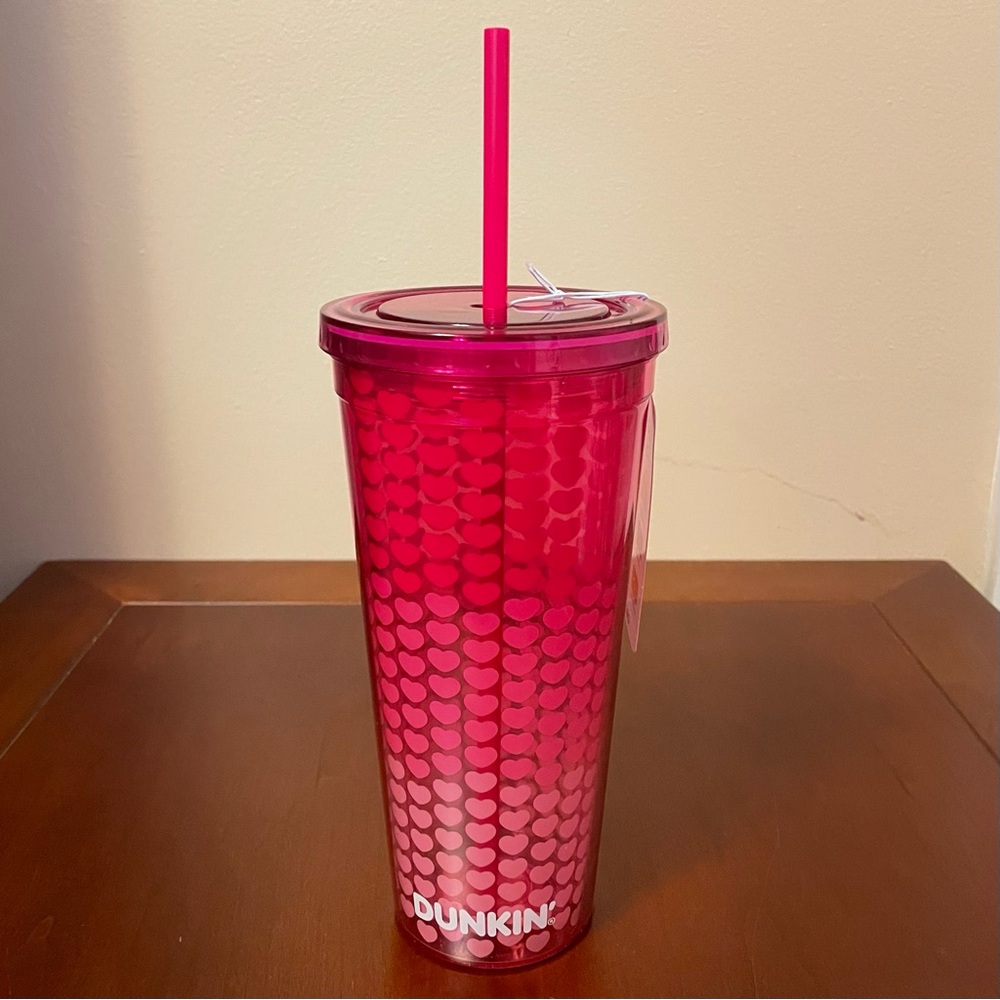 NWT DUNKIN VALENTINE’S DAY PINK HEART LIDDED TUMBLER COLD CUP 24 OZ Straw Coffee
